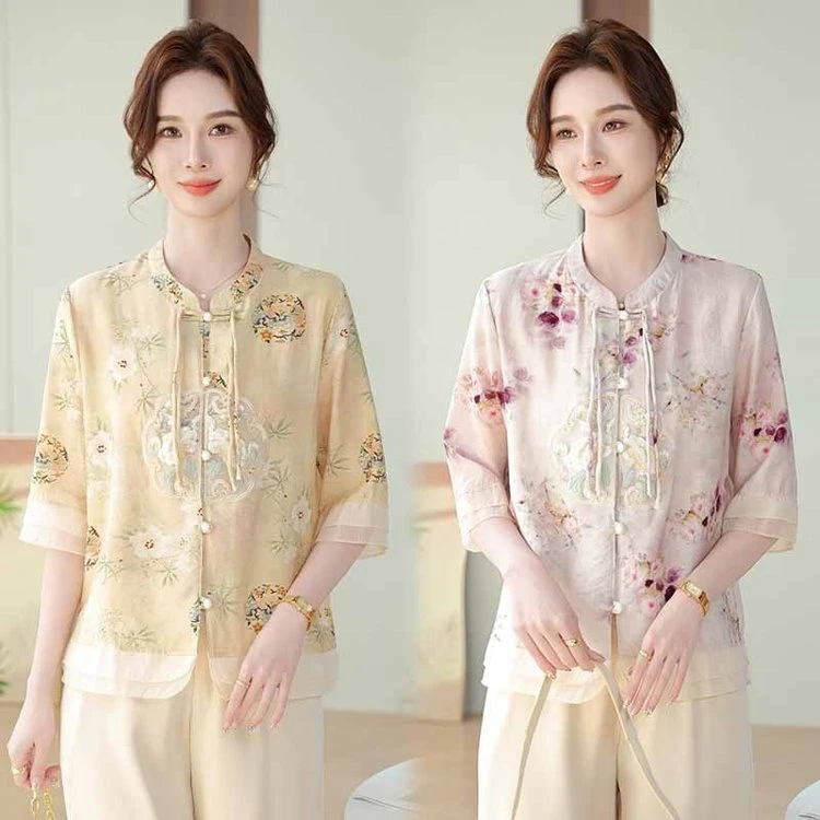 中年妈妈夏装t恤衬衫2025新款洋气中老年女装高贵小衫上衣服