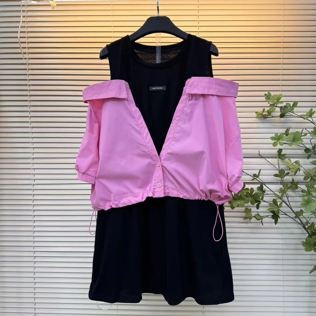 高级感夏季新款撞色拼接露肩泡泡袖字母抽绳假两件短款衬衫连衣裙