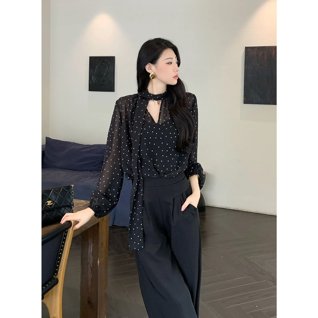 JIJINQI飘带V领设计波点微透雪纺长袖显瘦气质上衣女JD07SZPT1501