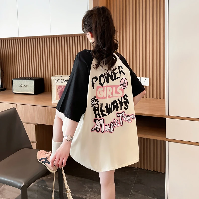 夏季宽松中长款拼色短袖T恤女2025爆款韩版时尚网红小众纯棉上衣