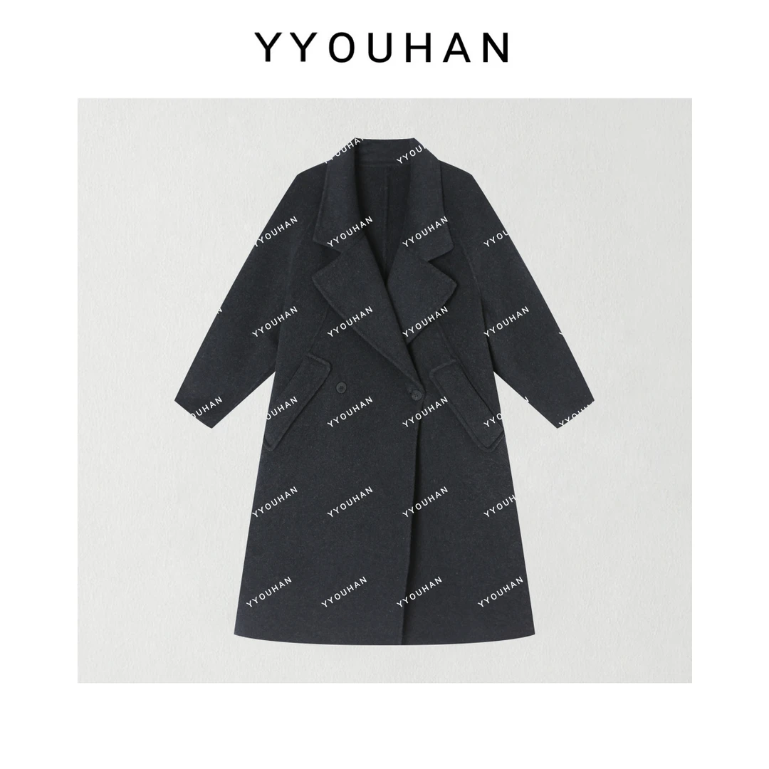 月月 年货定制极简小众设计双面羊毛保暖长款大衣外套 2511C8526