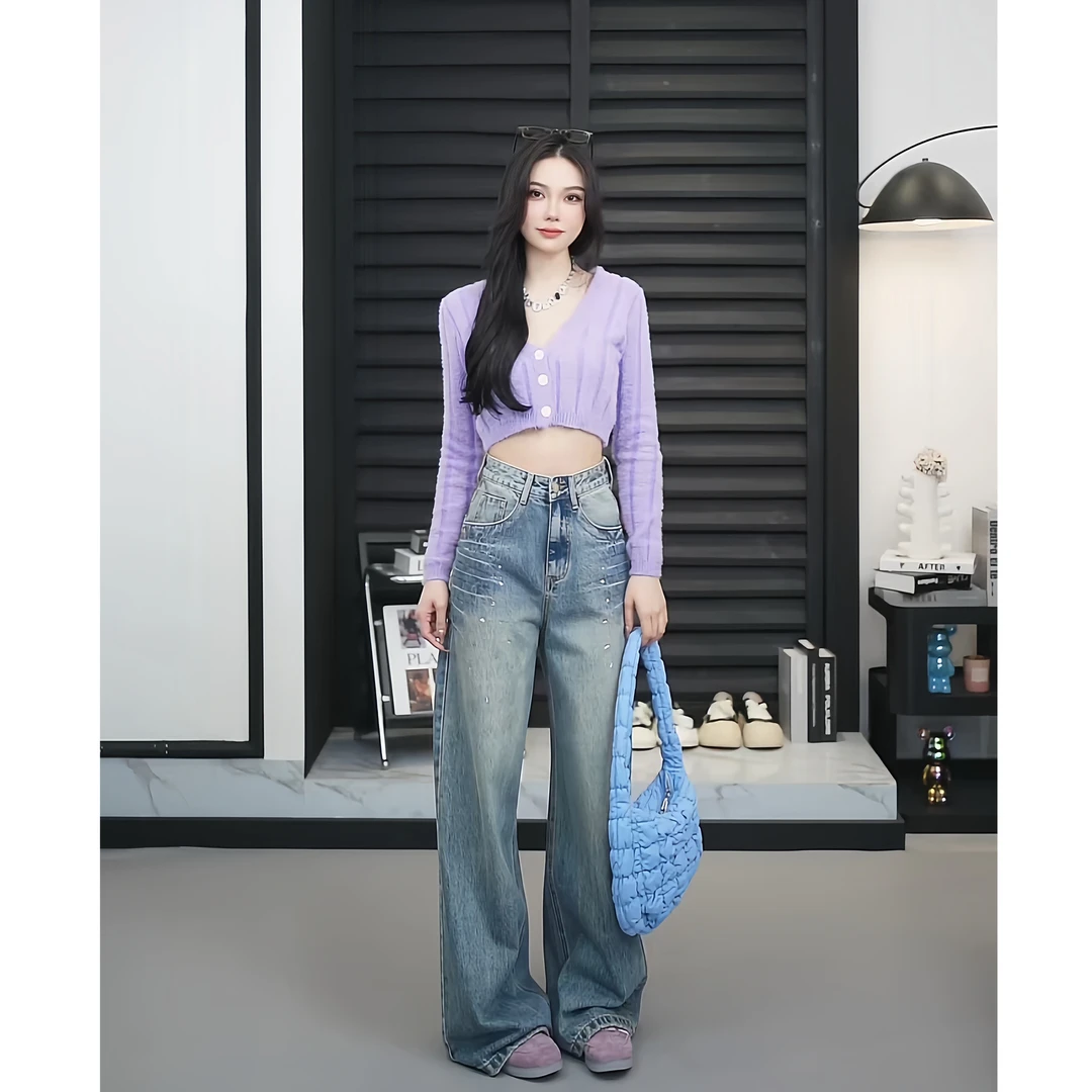 【TO&HR.GIRL】TFC3339A-蓝美式镶钻水洗阔腿牛仔裤设计感宽松拖地