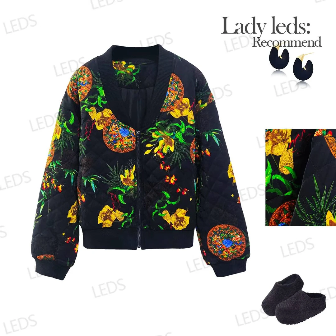 LEDS 25909冬日氛围感黑底繁花印花显高菱格保暖棉服