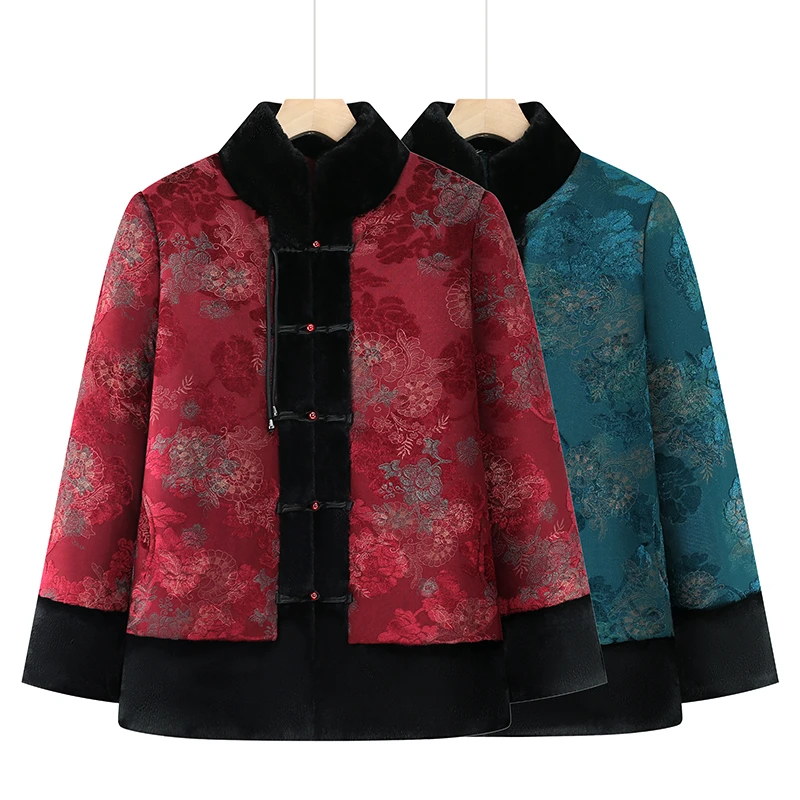 胖妈妈冬装红色唐装棉衣中老年人女装奶奶加肥加大码棉袄加绒外套