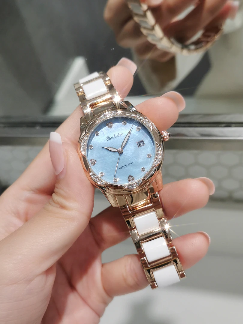 【高总补贴】时尚气质蓝面贝母夜光间陶瓷全自动背透女表9121-团