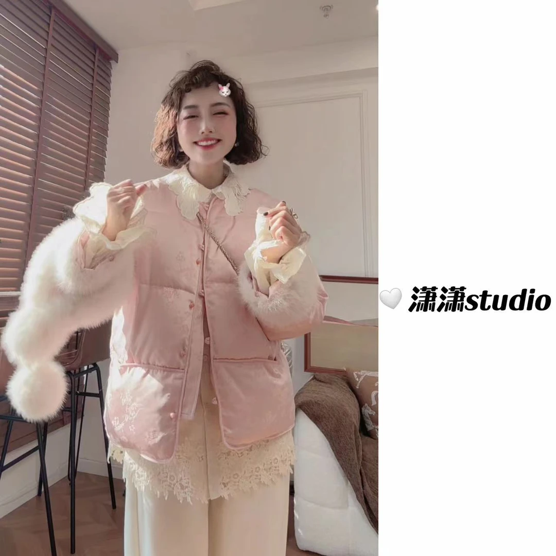 【粉黛佳人】【白鸭绒】潇潇袖口毛毛可拆刺绣国风系列羽绒服XW0015