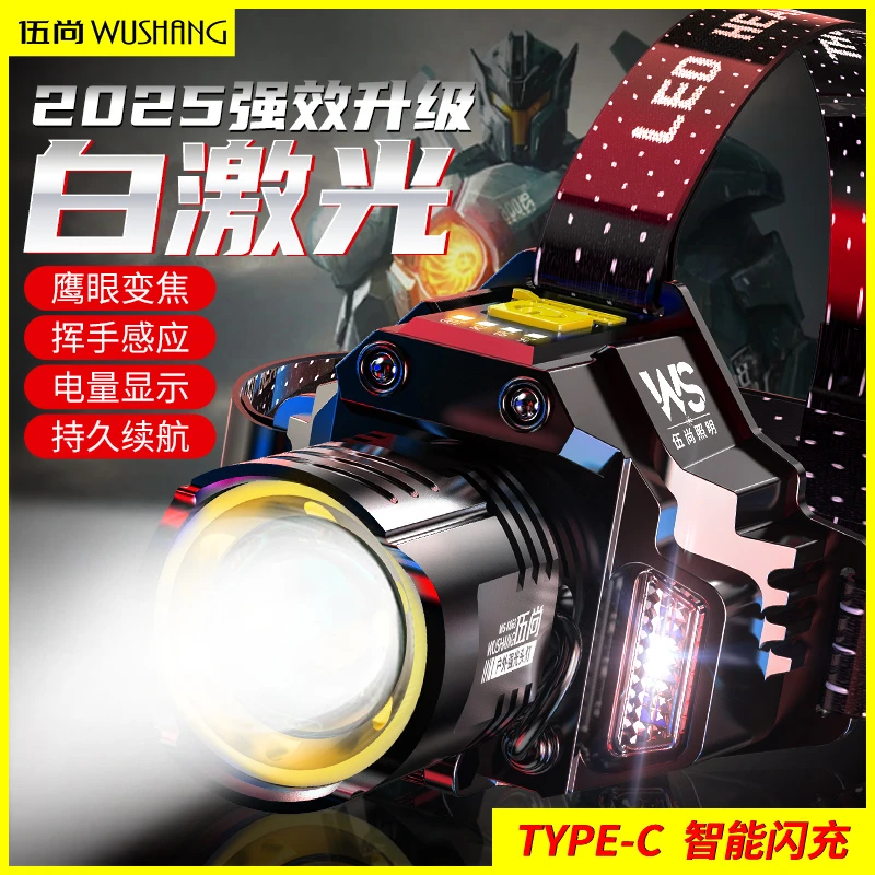 感应强光头戴式伸缩变焦强光头灯可当充电宝应急强光钓鱼手电筒
