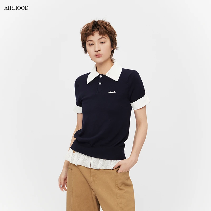 AIRHOOD 国潮polo领撞色短袖T恤女夏季新款复古休闲辣妹上衣N5187