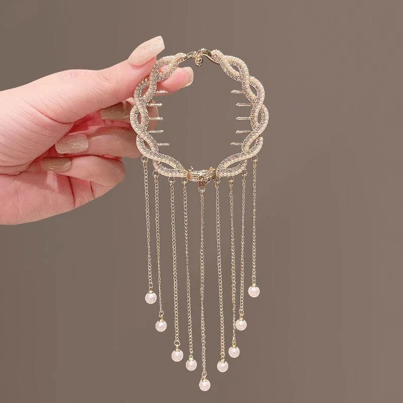 古风优雅丸子头低马尾扣气质时尚闪钻珍珠流苏发夹高级感盘头发饰