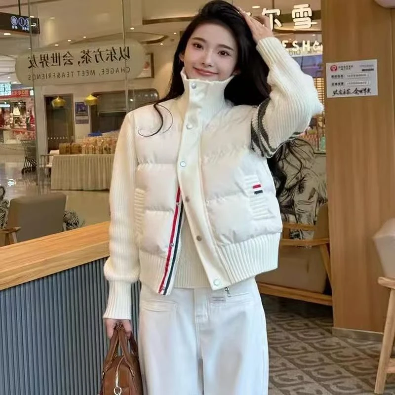 807区D7713白色常规款短款立领针织拼接保暖