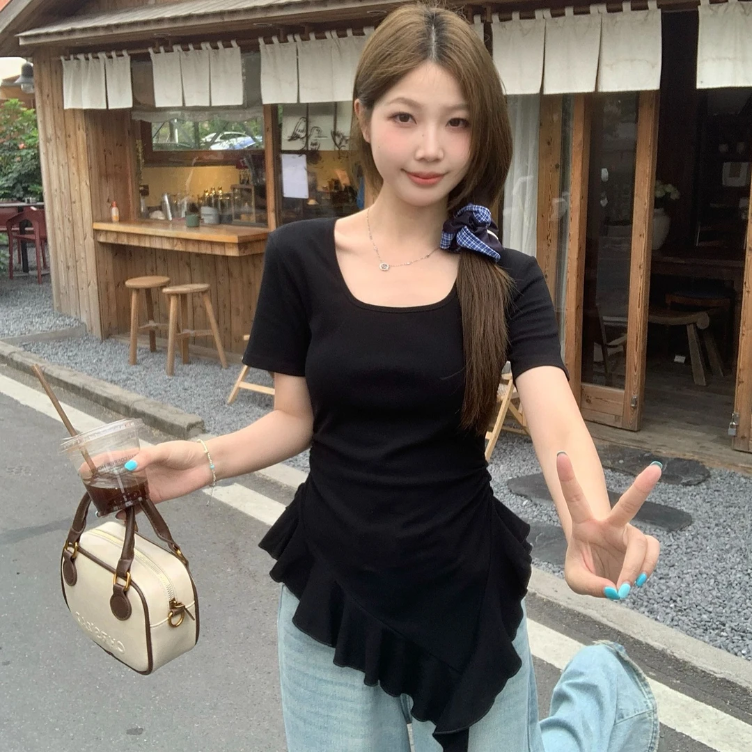 大码胖mm夏季新款设计感不规则荷叶边下摆短袖T恤修身显瘦上衣女