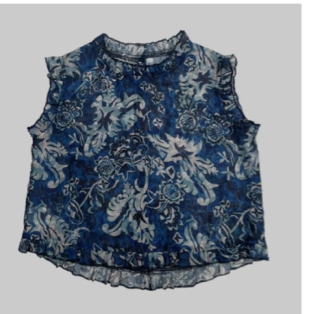 753-（现货+运费补贴夏季时尚碎花木耳边印花上衣无袖衬衣