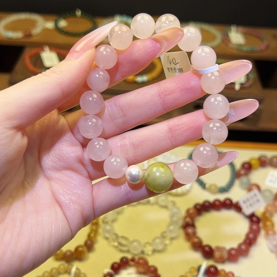 银S925镀金镶嵌手串水晶粉