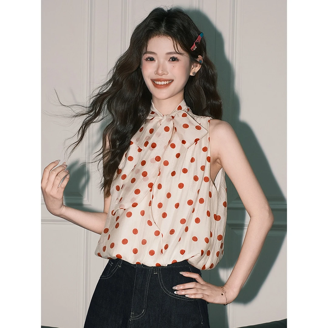 法式红色波点挂脖背心女2025夏季新款外穿高级感无袖雪纺衫上衣