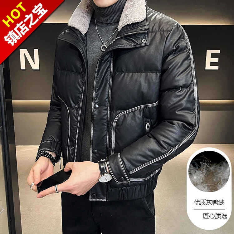 保罗2025新款冬装羊羔绒毛领皮衣羽绒服男装潮牌灰鸭绒修身外套男