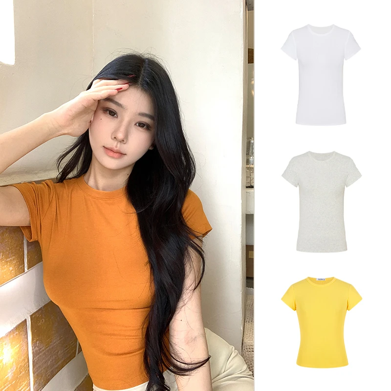 Moses Queen/魔西女王正肩掐腰紧身显瘦短袖T恤黄色短袖上衣打底