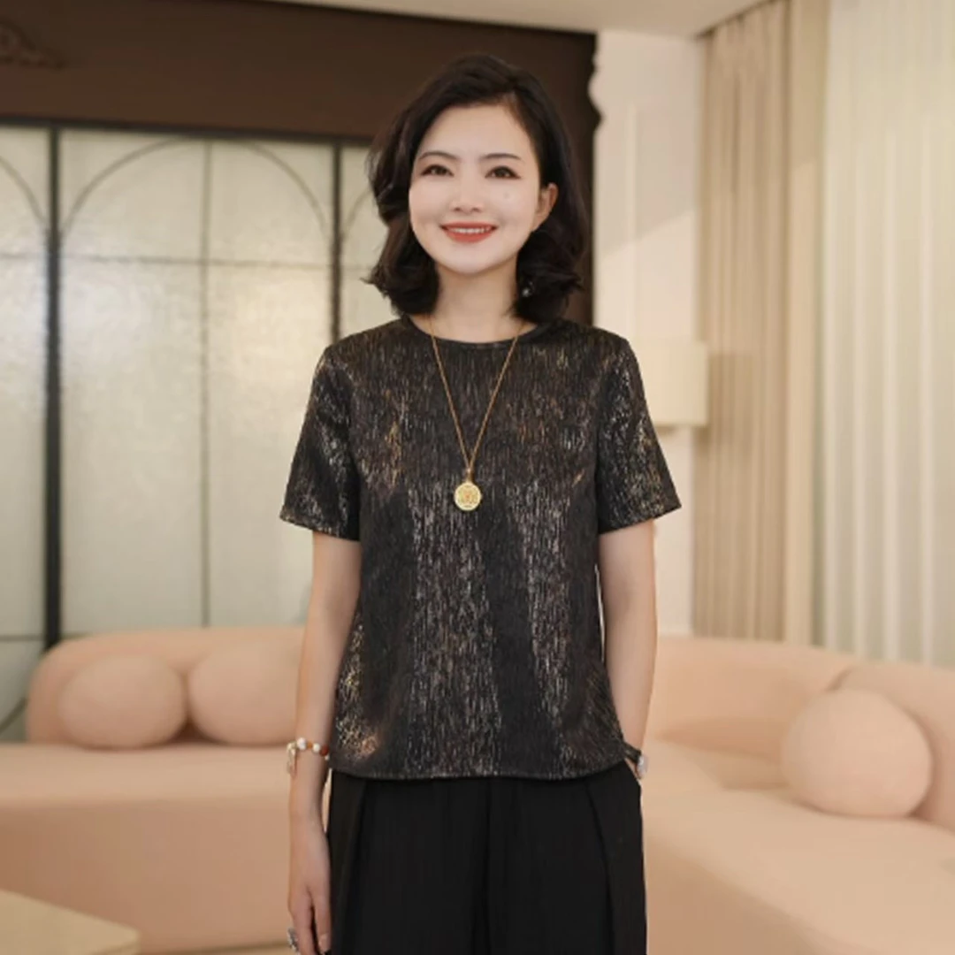 枫竺女装阿楠anan重工烫金轻奢圆领提花短袖T恤女夏优雅通勤上衣