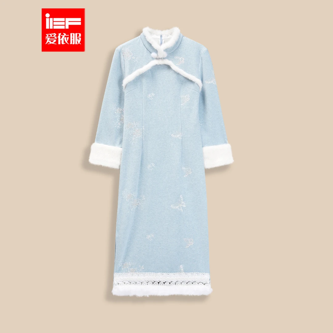 IEF/爱依服连衣裙2025冬季新款新中式成熟优雅气质设计感加绒旗袍