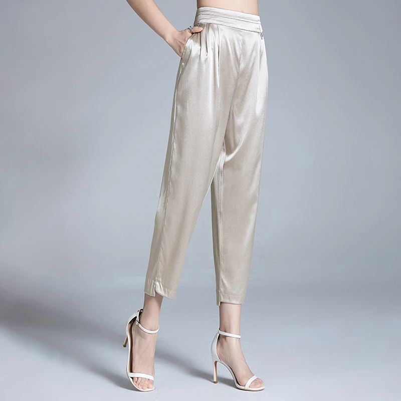 新款弹力丝哈伦裤女士休闲薄款高腰夏季九分裤黑色杏色深圳产宽松