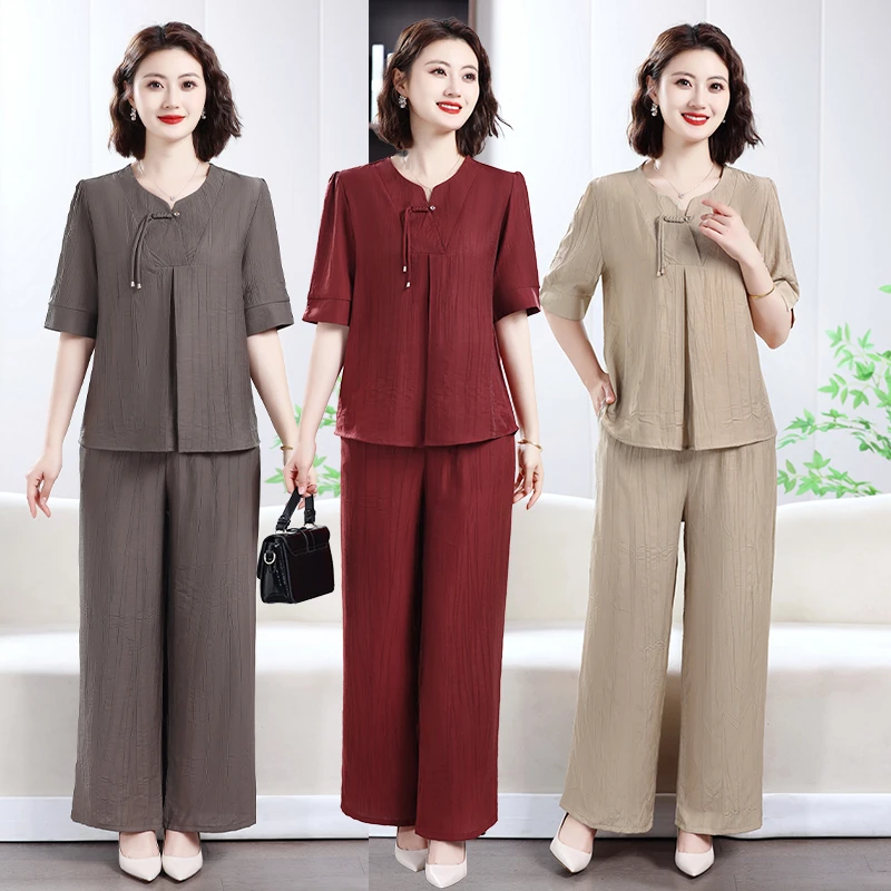 中年妈妈夏装中式国风套装中老年女装洋气高贵时尚两件套气质上衣