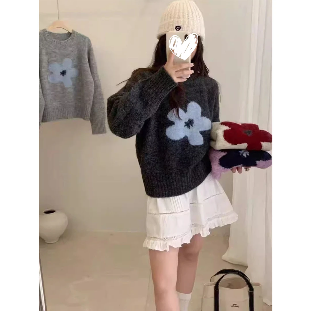 【1011】小众慵懒风设计感套头圆领花朵提花针织衫毛衣