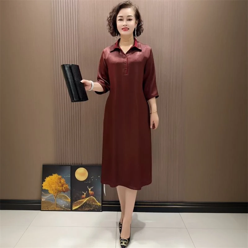 高端中老年妈妈连衣裙夏季国风翻领中长款遮肉大码裙子