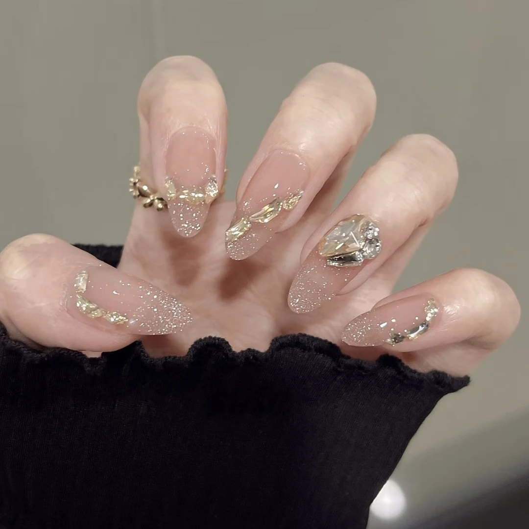 加贝Nail 「荧火之光」冰透裸爆闪碎钻美甲拆卸纯手工穿戴甲 10片装