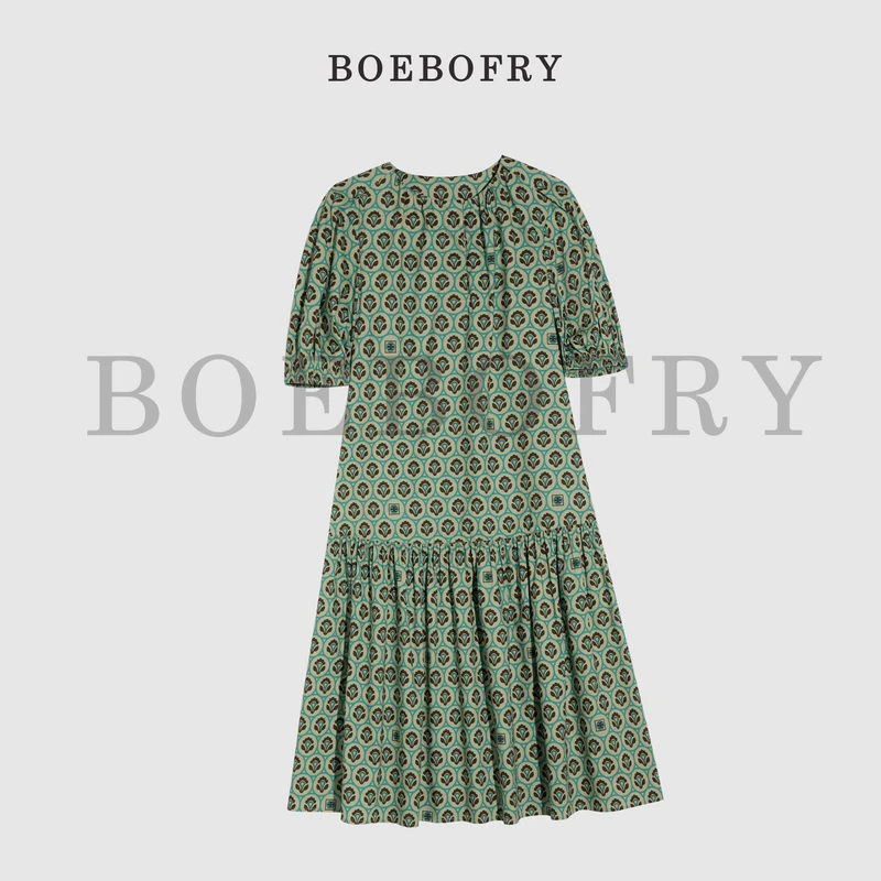BOEBOFRY<绿色花韵>夏季100%棉宽松圆领复古气质连衣裙BE2L0994