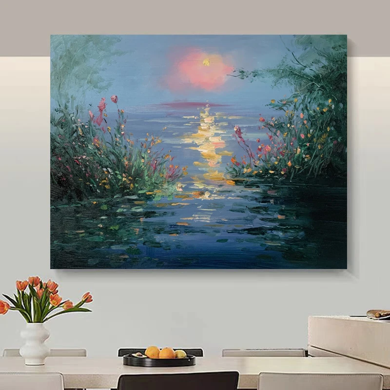 《湖光暮色》50*60含内框，刘春建手绘油画装饰画，客厅背景墙挂画
