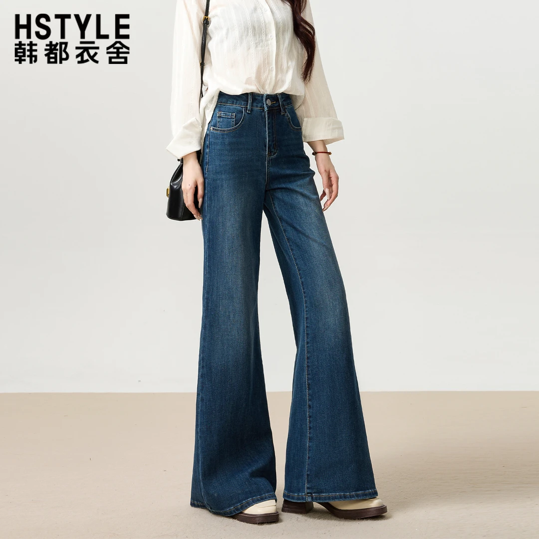 韩都衣舍复古蓝微喇牛仔裤女春秋2025新款高腰不贴腿阔腿喇叭裤子