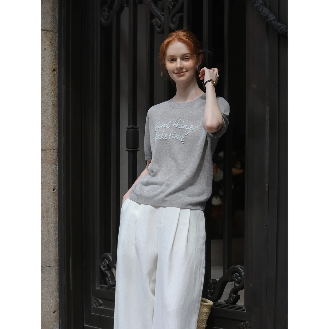 MELLIIY 款简约圆领韩系休闲撞色字母刺绣短袖针织衫女138250234