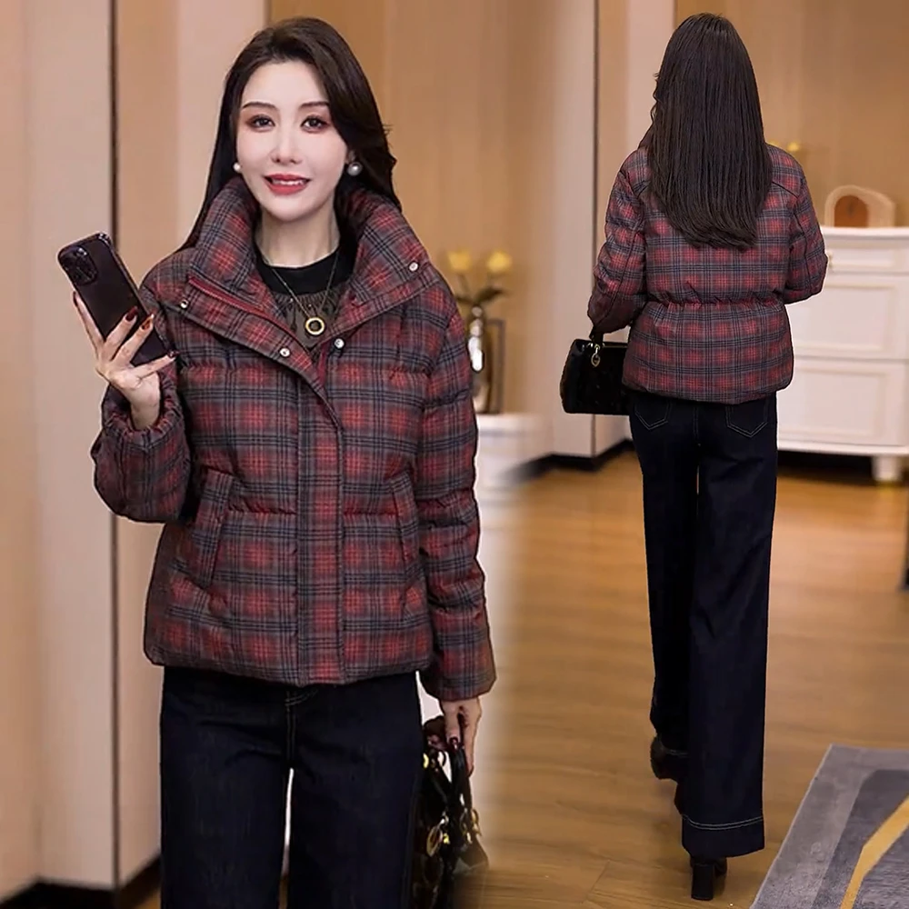 时尚格子立领棉服女2025冬季新款休闲百搭宽松显瘦加厚保暖棉衣潮