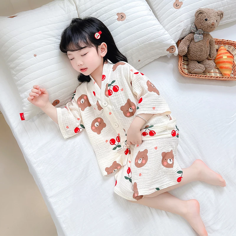 女童卡通家居服套装女宝开衫睡衣2025新款儿童夏季纱布套装中小童