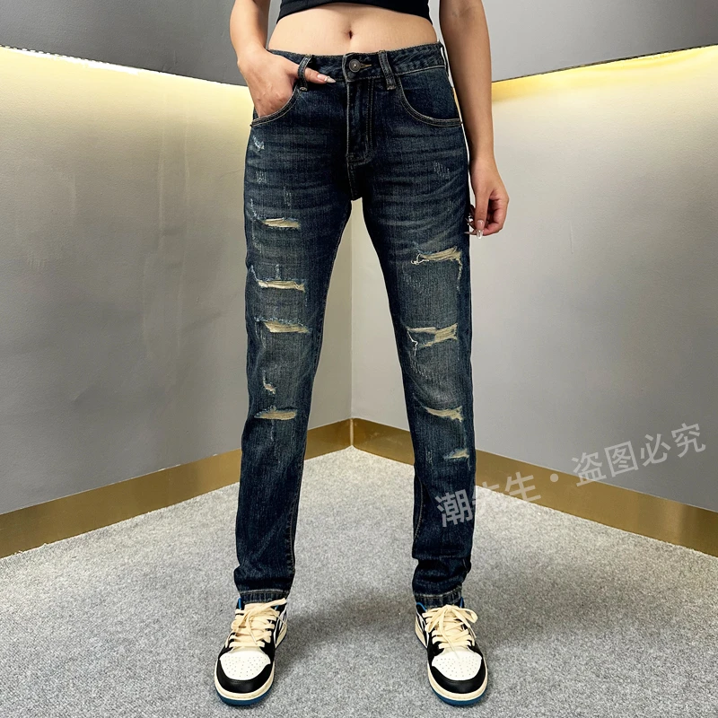 秋冬新款高端欧货潮牌男士牛仔裤修身时尚休闲弹力小脚裤破洞长裤