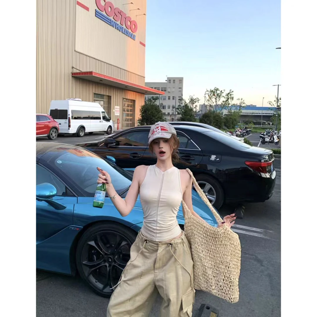 曼曼【辣感狙击~】  网纱拼接镂空挖肩背心圆领修身无袖上衣