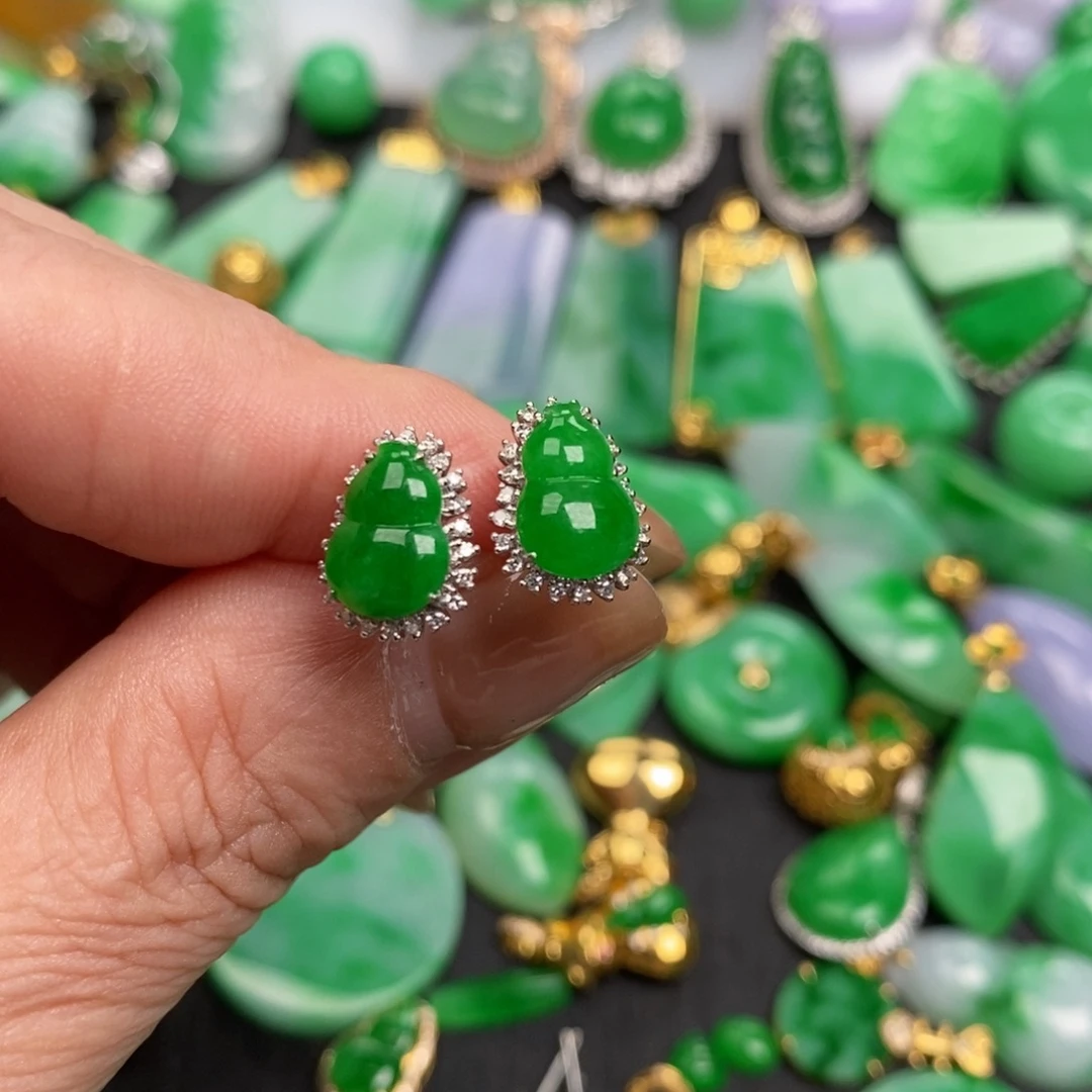 暴***林翡翠18K金镶嵌耳饰翡翠