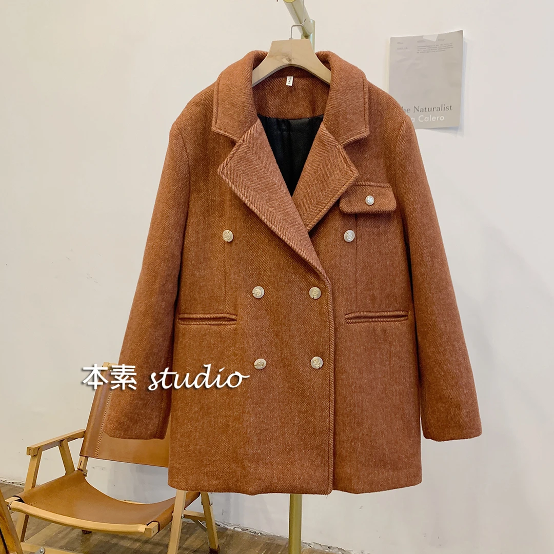 M9584双排扣西装领毛呢外套