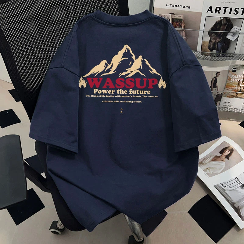 WASSUP HSUBE美式高街字母印花纯棉短袖t恤男ins夏季藏青时尚上衣