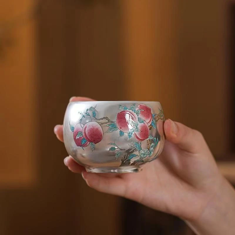 鎏银大罗汉杯九桃李神煌银杯+单杯礼盒【仙鹤】家用陶瓷纯手工Z3022