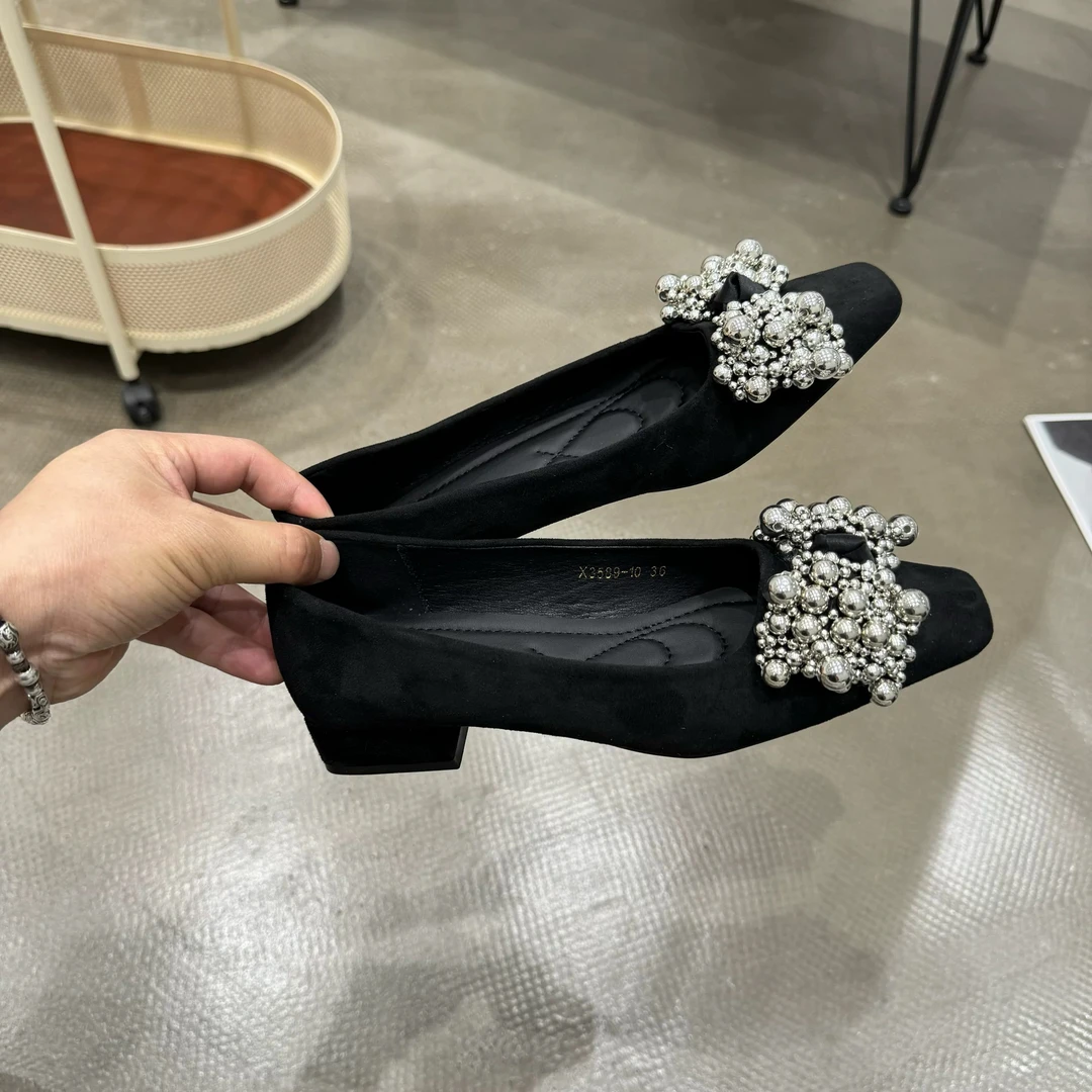 3589-10方头低跟蝴蝶结绒面单鞋25春款法式气质平底浅口晚晚鞋