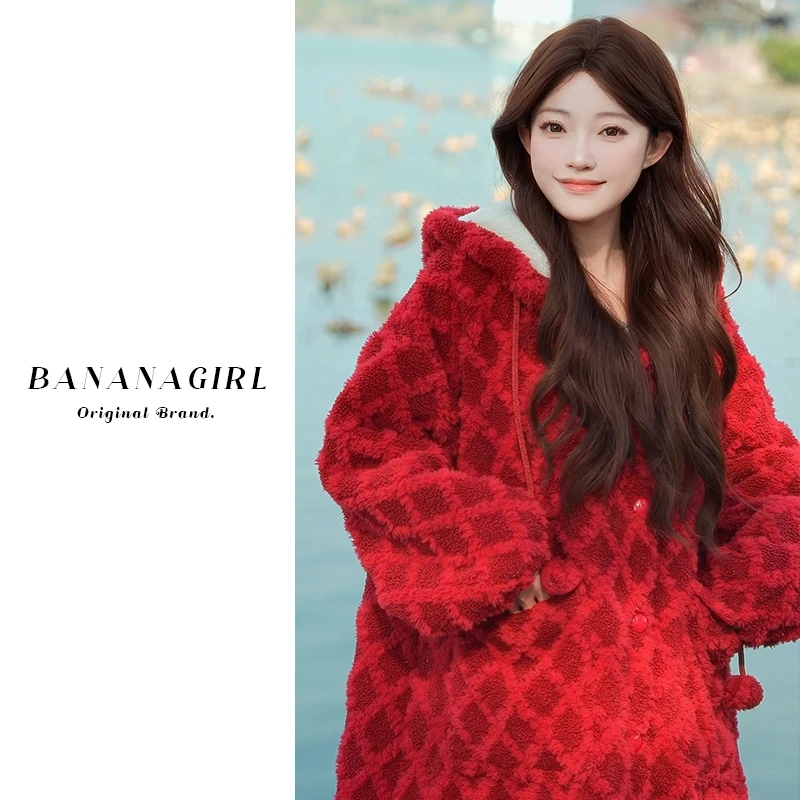 Bananagirl睡衣女秋冬连帽睡袍循环蓄温速暖家居服可外穿