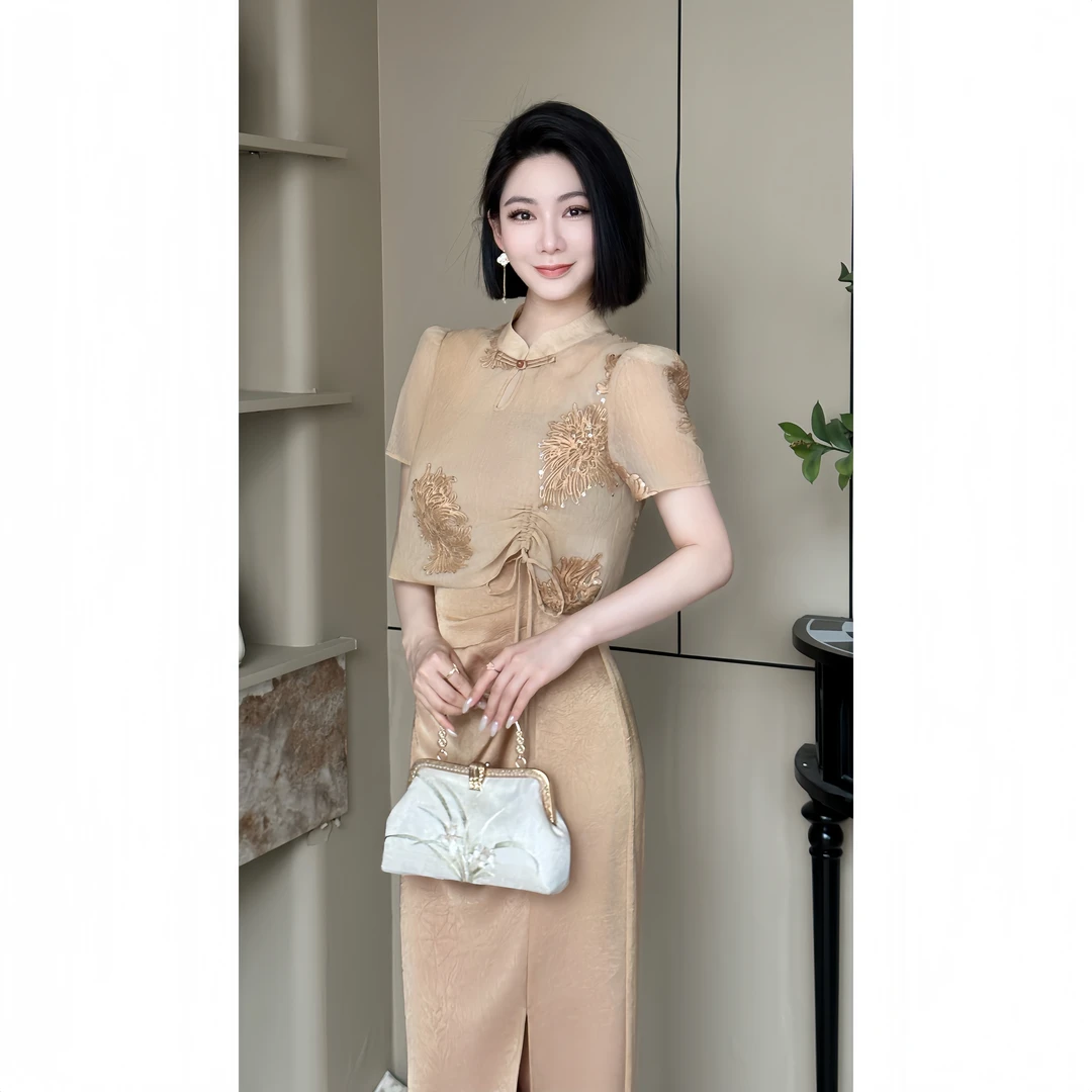 格娜夏季新品国风优雅刺绣罩衫吊带裙复古收腰开叉女士吊带裙套装