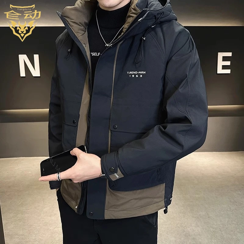 冬季潮流冲锋衣羽绒服男士新款时尚潮牌连帽加厚保暖拼接工装外套
