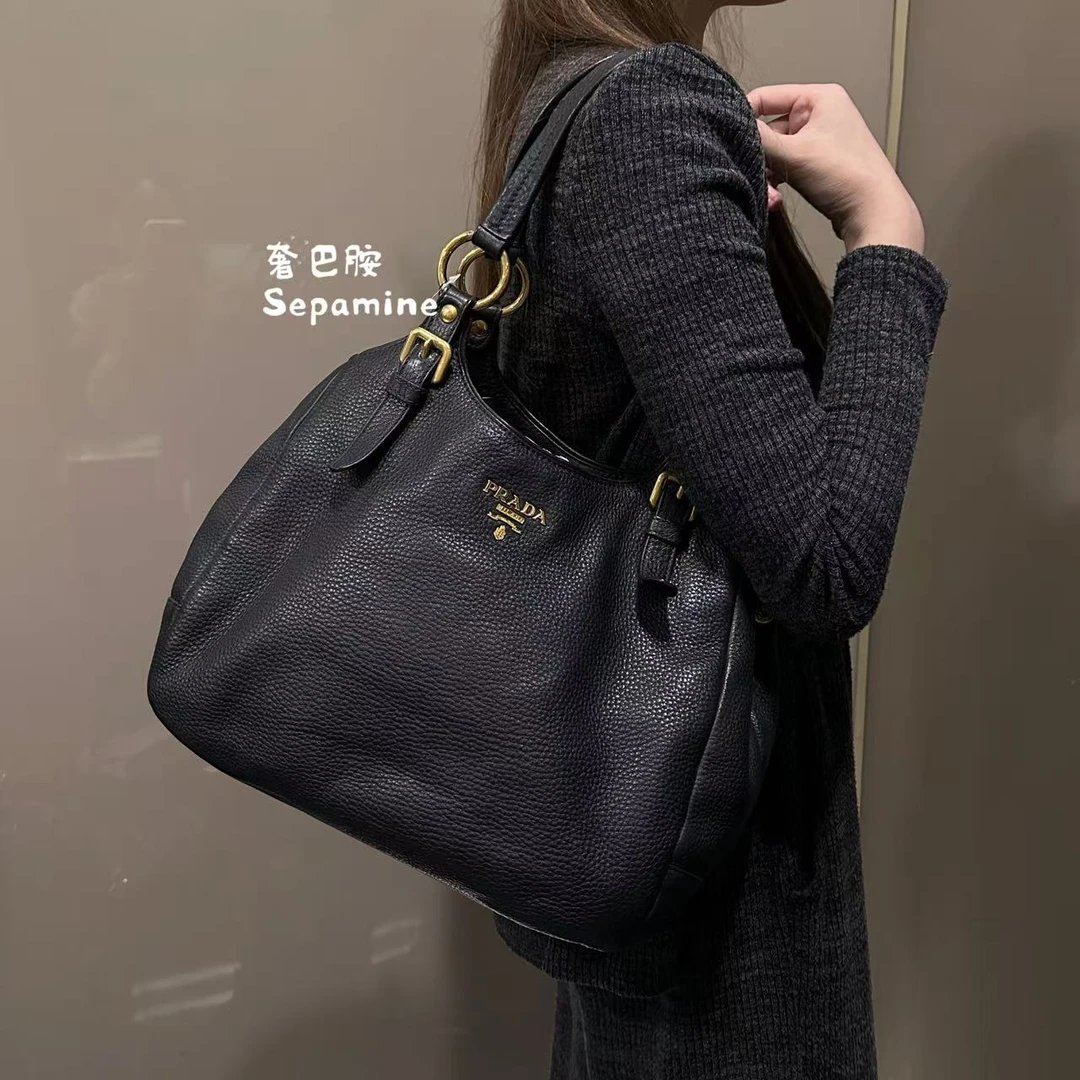95新 Prada/普拉达 /Prada全皮/黑金垃圾袋/单肩包