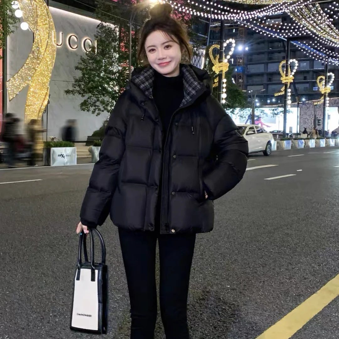 【韩衣舍】798短款连帽格子拼接加厚保暖白鸭绒冬季外套时尚