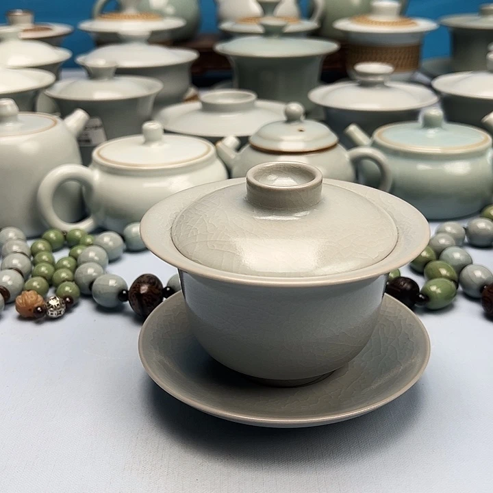 杯仿古粉青釉元宝盖碗原矿原釉原产地