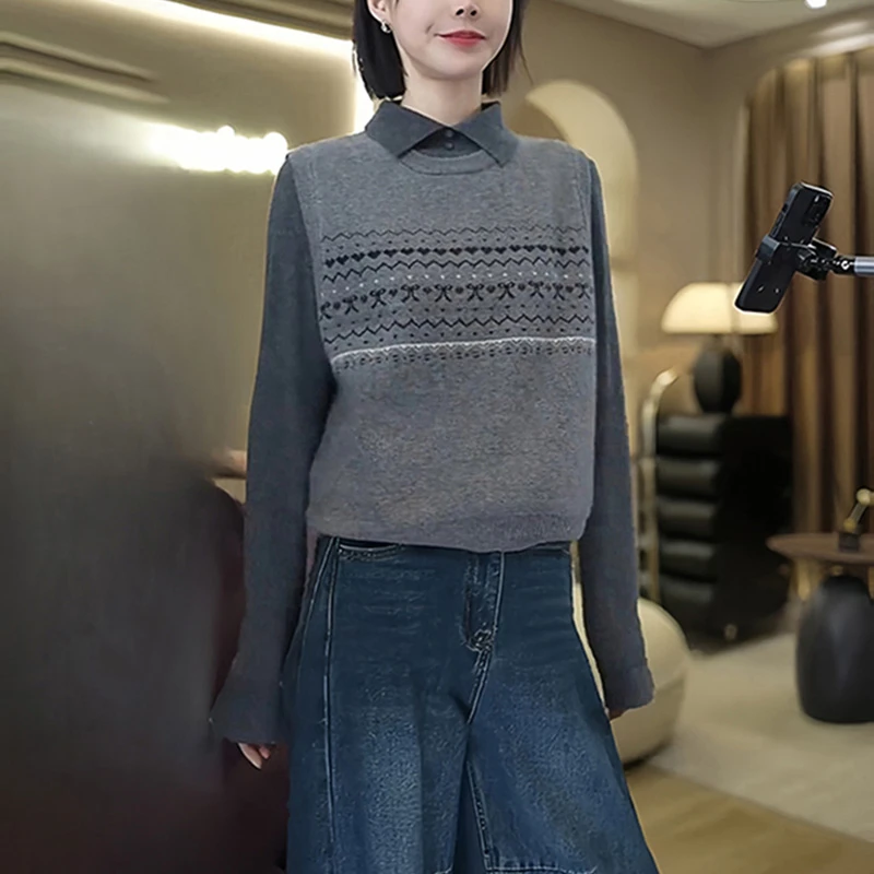 设计感提花针织马甲背心上衣超好看独特漂亮套装长袖打底衫两件套