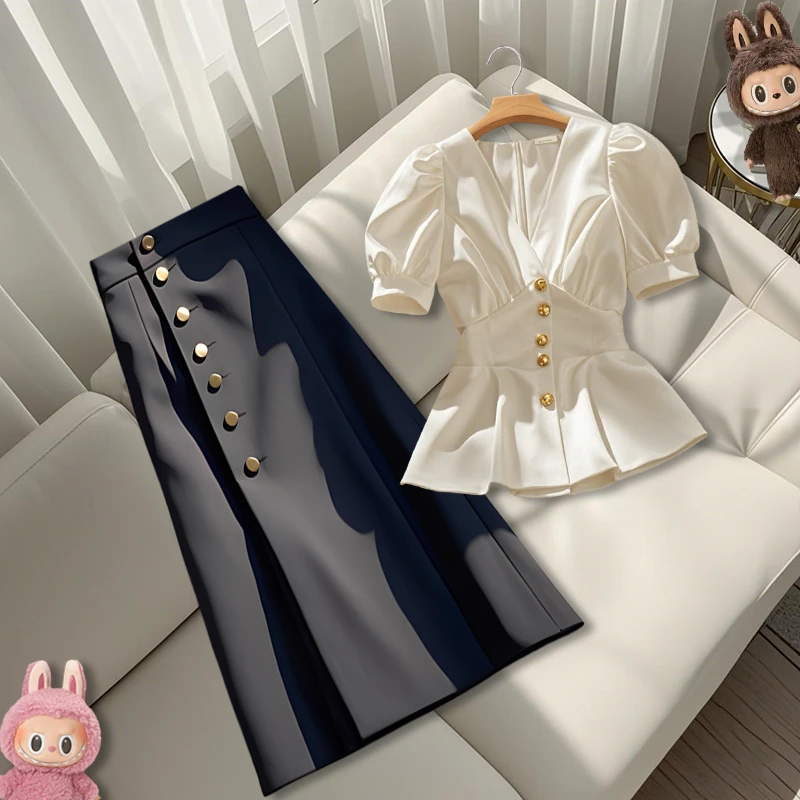 洋气衣服女气质法式高档大气显瘦短袖上衣黑色半身裙短裙两件套装