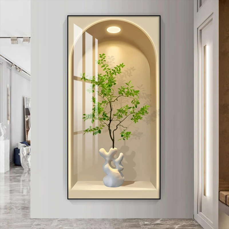 无品牌小清新奶油风格带灯绿植装饰画适合过道走廊玄关入户门