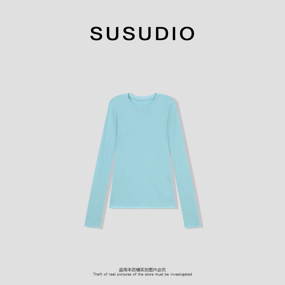 SUSUDIO 100棉 夏季极简长袖内搭修身显瘦圆领卷边T恤10261